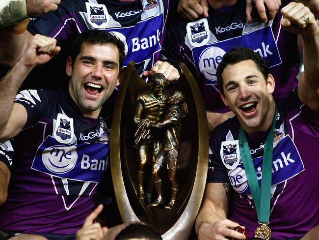 SYDNEY, AUSTRALIA - OCTOBER 04:  (L to R) Cameron Smith and Billy Slater of the Storm celebrate after winning the 2009 NRL Grand Final match between the Parramatta Eels and the Melbourne Storm at ANZ Stadium on October 4, 2009 in Sydney, Australia.  (Photo by Mark Nolan/Getty Images)