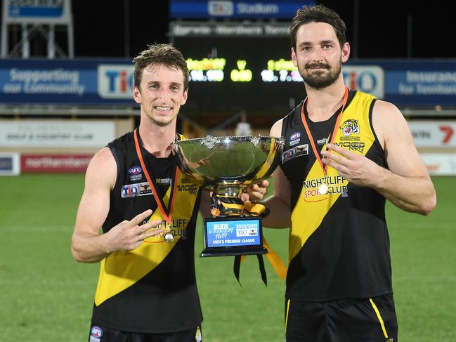 Danny and John Butcher celebrate Nightcliff’s 2020-21 NTFL Grand Final victory. Picture: Felicity Elliott/AFLNT Media