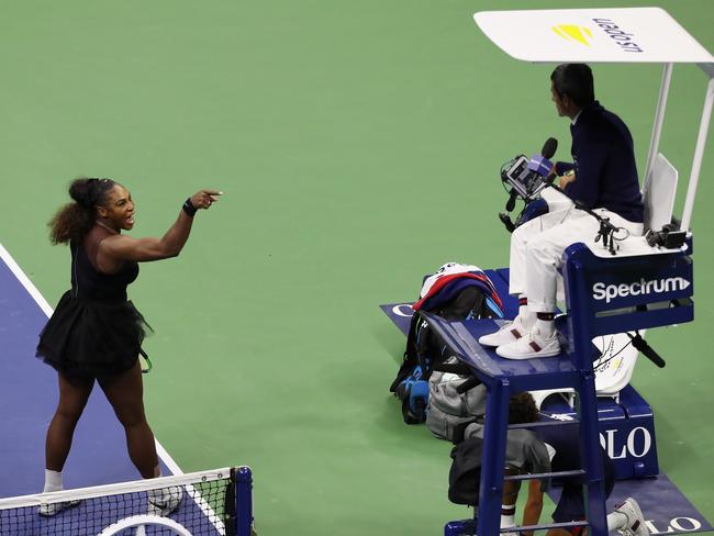 Serena Williams points the finger at umpire Carlos Ramos. (Photo by Mike Stobe/Getty Images for USTA)