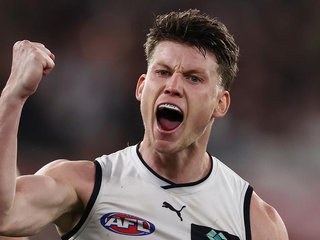 MELBOURNE, AUSTRALIA - August 18, 2023. AFL .   Sam Walsh of the Blues celebrates a 4th quarter goal during the semi final match between Melbourne and Carlton at the MCG in Melbourne, Australia.  Photo by Michael Klein.