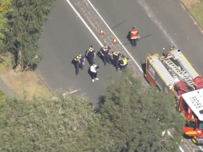 Police and emergency services at the scene of the crash. Picture: Seven News