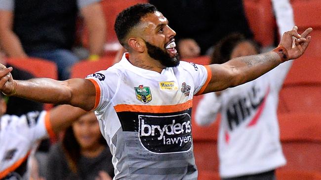 Josh Addo-Carr celebrates a try for the Wests Tigers.