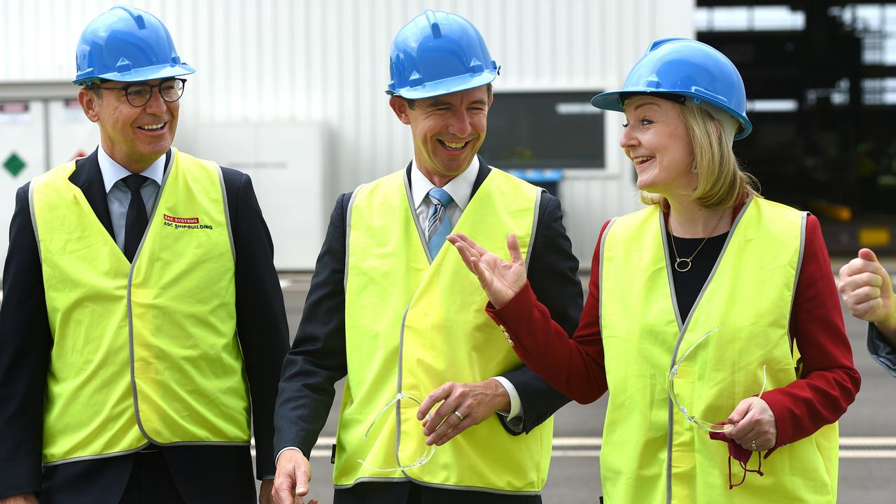 UK Foreign Secretary Liz Truss tours the BAE Osborne shipyard with Finance Minister Simon Birmingham and Premier Steven Marshall. Picture: Tricia Watkinson