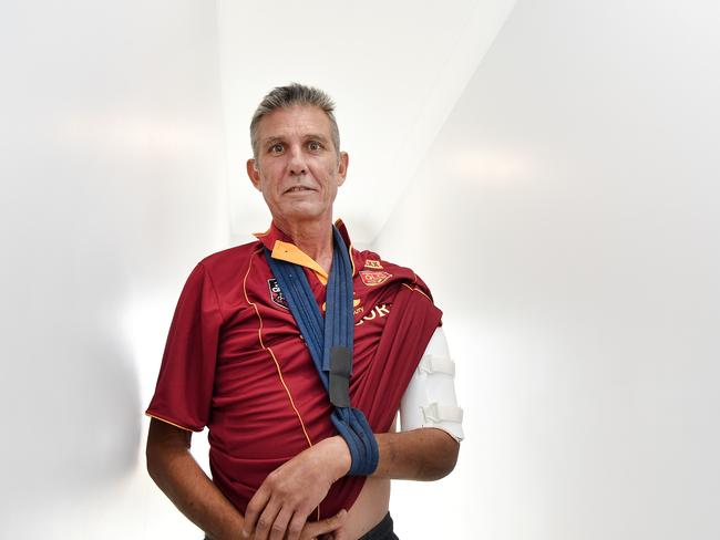 Rod Chambers broke his arm in two places after rain leaked through the roof of the brand new townhouse he is renting. Nothing has been done to fix the leak, or now mould, since it was first reported to the real estate agent on December 12. Picture: Patrick Woods.