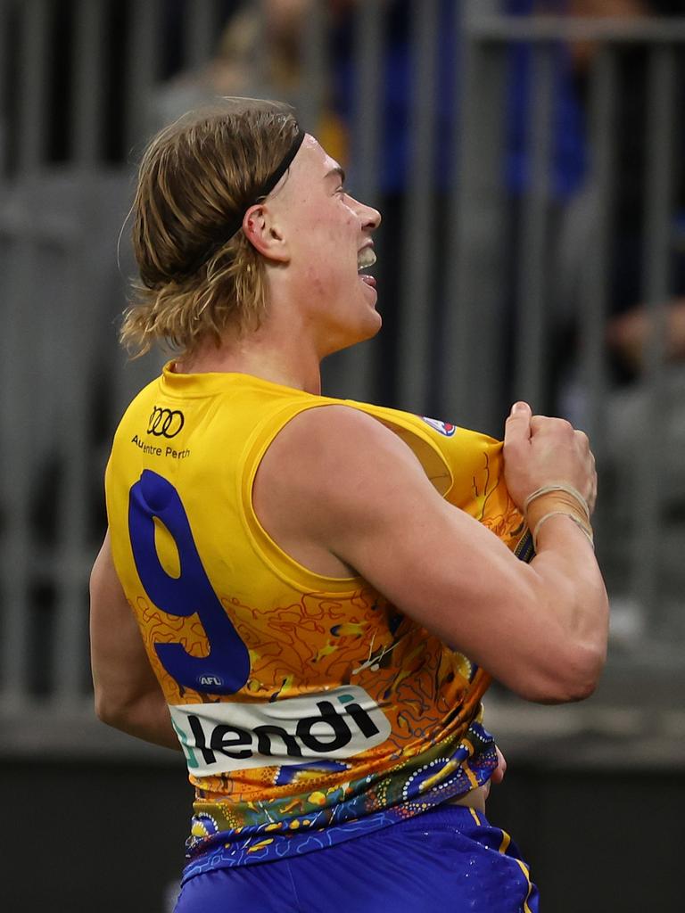 Harley Reid of the Eagles celebrates after scoring a goal. (Photo by Will Russell/AFL Photos via Getty Images)