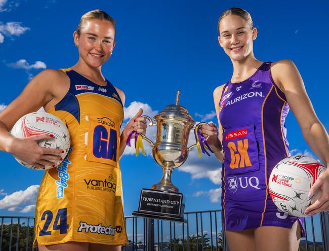 Sunshine Coast Lightning player Reilley Batcheldor and Queensland Firebirds Isabelle Shearer gear up for the Queensland Cup. Picture: Nigel Hallett