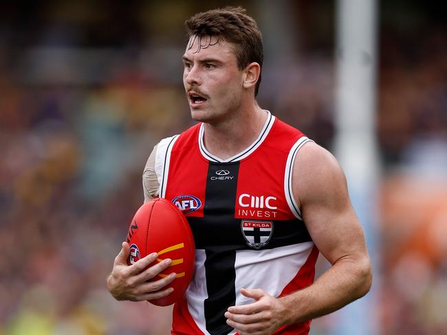 ADELAIDE, AUSTRALIA - MARCH 16: Debutant, Harry Boyd of the Saints in action during the 2025 AFL Round 01 match between the Adelaide Crows and the St Kilda Saints at Adelaide Oval on March 16, 2025 in Adelaide, Australia. (Photo by Michael Willson/AFL Photos via Getty Images)