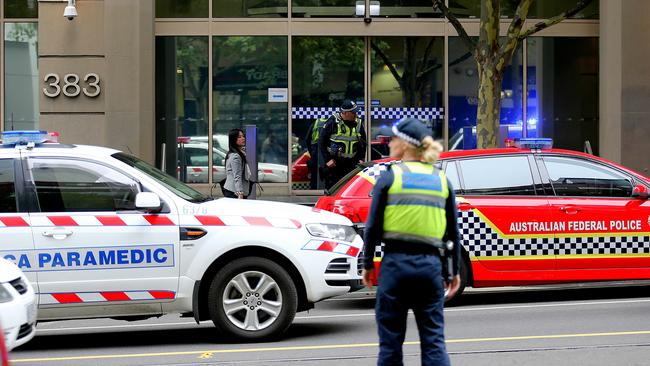 Emergency services responded to a ‘non-suspicious’ shooting inside the Australian Federal Police headquarters, Melbourne, on Monday. Picture: Tim Carrafa