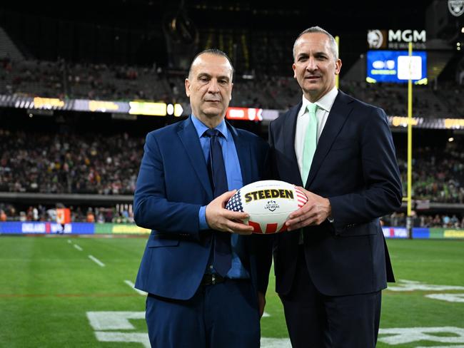 ARLC chairman Peter V'landys and NRL CEO Andrew Abdo at Allegiant Stadium in Las Vegas, Nevada.