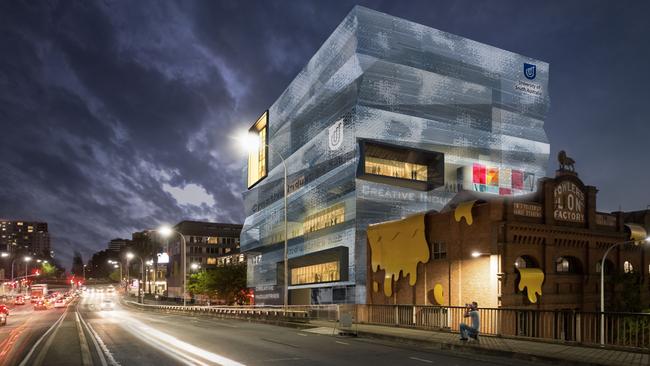 A concept image of a proposed new UniSA Creative Industries Hub next to the Lion Arts Centre in Adelaide’s West End. Picture: Supplied