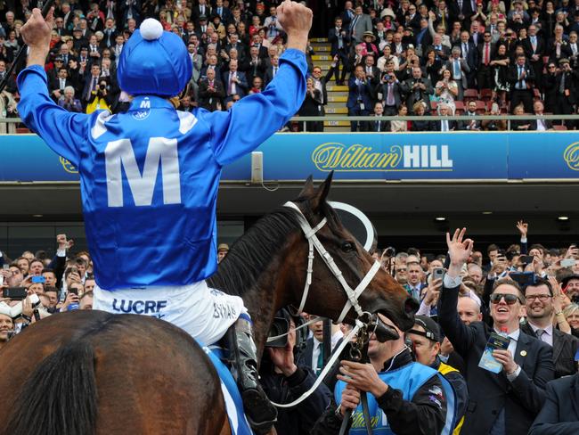 Hugh Bowman after Winx’s remarkable win. Picture: Getty Images