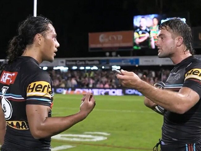 Panthers teammates Jarome Luai and Jaeman Salmon were filmed in a heated argument. Pic: Nine