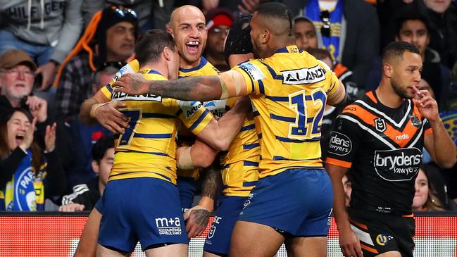 Blake Ferguson celebrates scoring a try for the Eels. Picture: Getty Images