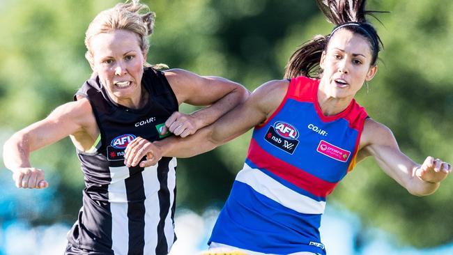 Melissa Kuys and Nicole Callinan clash in a practice match. Picture: Stuart Walmsley