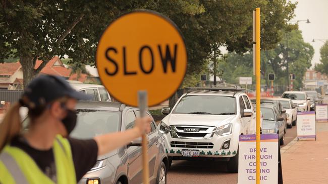 Vehicles quue to enter a drive-in COVID-19 testing clinic in the Perth suburb of Inglewood, WA, during the state’s second Covid lockdown this week. Picture: NCA NewsWire/Philip Gostelow