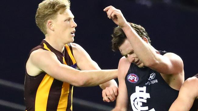 James Sicily shoves Jed Lamb during kast Saturday night’s game. Picture: Getty Images