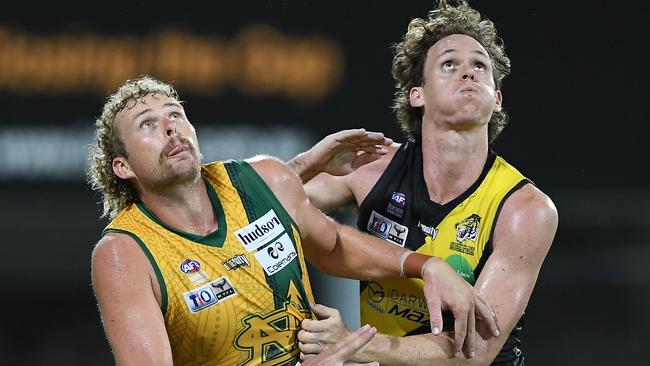 Nightcliff Tigers' skipper Ryan Nyhuis up against the season’s leading goal kicker Jackson Calder from St Mary’s. Picture: Felicity Elliott / AFLNT Media