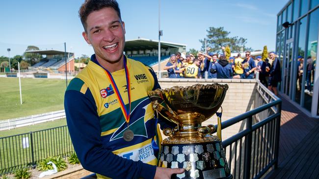 Former East Ringwood junior Sam Lowson celebrates the Eagles’ SANFL flag this year. Picture Matt Turner.