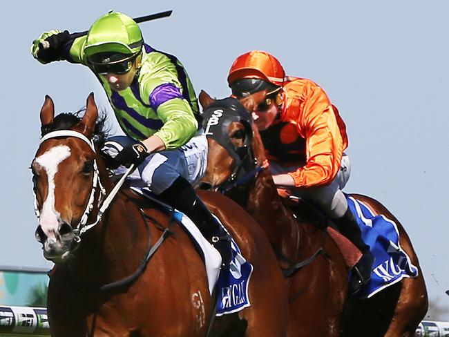 Carly Frater-Hill rode Epiffany to seventh in the Maiden Handicap (900m) at the Gold Coast Turf Club on Saturday, August 4. Mosserati (left) won comfortably. Picture: Glenn Hampson