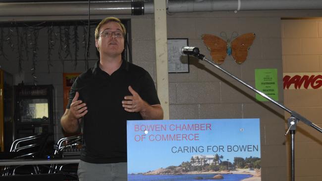 Greater Rewards Group general manager Blake Thomas speaking about the Whitsunday Paradise development at the Bowen Chamber of Commerce meeting in August 2020.