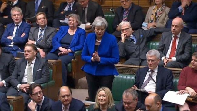 Former prime minister Theresa May asking a question of Boris Johnson, during his statement to MPs following the release of the Sue Gray report, in the House of Commons.