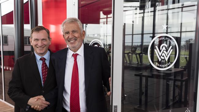 Western Sydney Wanderers chairman Paul Lederer, left, and Blacktown Mayor Stephen Bali open the Western Sydney Wanderers Centre of Football on Monday. Picture: Getty