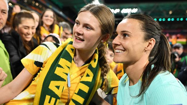 Matildas star Hayley Raso greets supporters during last year’s World Cup. Picture: Getty