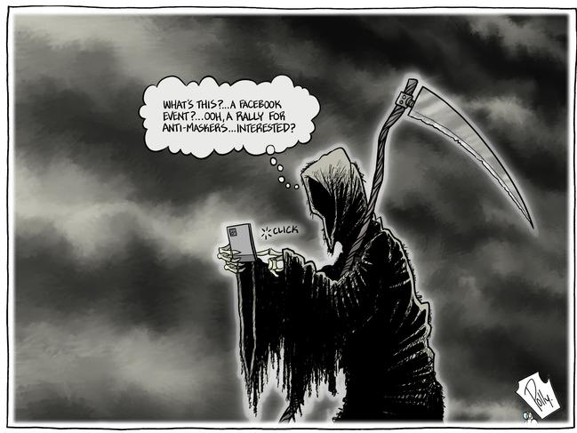 Cartoon of the year in the Rotary Cartoon Awards for 2020 is John 'Polly' Farmer's depiction of the grim reaper utilising the latest in social media technology. His cartoon is on display at the National Cartoon Gallery in Coffs Harbour until February 28. Image: John 'Polly' Farmer.