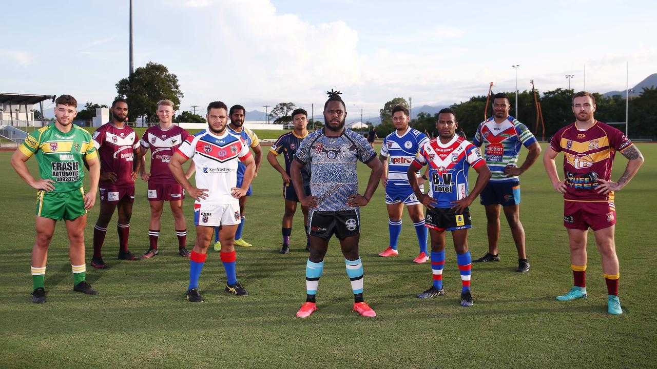 Clint Posselt, Dale Ambrym, Hayden Golchert, Keelan White, Bradley Stephen, Tyrell Anton, Eddie Daniel, Jordan Biondi-Odo, Jermaine Pedro, Taulata Fakalelu and Rhys Hanlon will play in the 2021 Cairns and District Rugby League (CDRL) first grade competition. (Absent: Tully Tigers). Picture: Brendan Radke