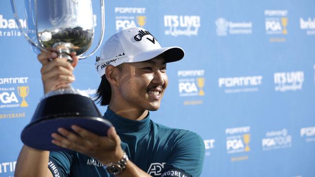 Min Woo Lee with the Joe Kirkwood Cup Picture: Getty Images