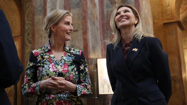 Sophie, Duchess of Edinburgh, left, with Olena Zelenska, wife of the Ukrainian President, during a visit to the Saint Sophia Cathedral in Kyiv. Picture: Getty Images