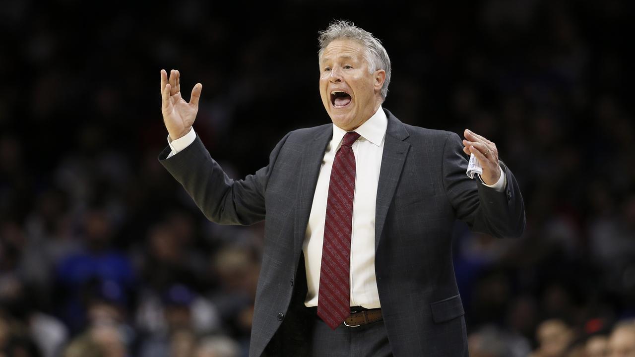 Philadelphia 76ers coach Brett Brown yells to his team during the first half of an NBA basketball game against the San Antonio Spurs, Friday, Nov. 22, 2019, in Philadelphia. (AP Photo/Matt Slocum)