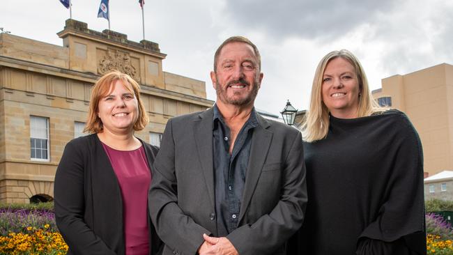 Newly elected members of Tasmanian Parliament, Member for Braddon Miriam Beswick, Member for Lyons Andrew Jenner, and Member for Bass, Rebekah Pentland of the Jacqui Lambie network at Parliament Lawns, Hobart, Monday, April 8, 2024. Picture: Linda Higginson