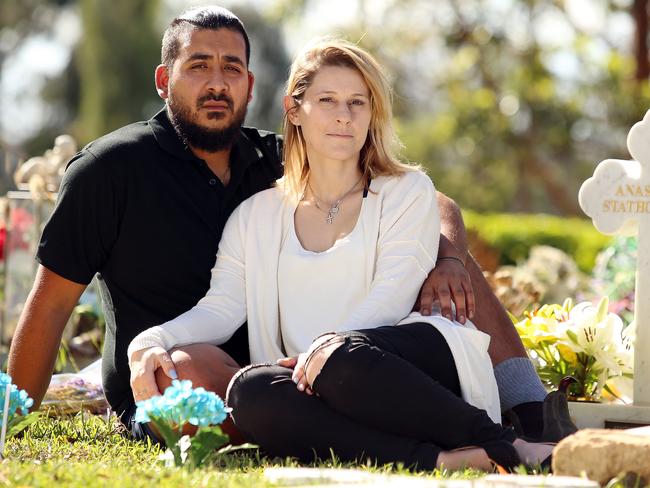 Angela and John Stathopoulos are still struggling to comprehend what was done to their baby son Anastasios’s grave. Picture: Sam Ruttyn