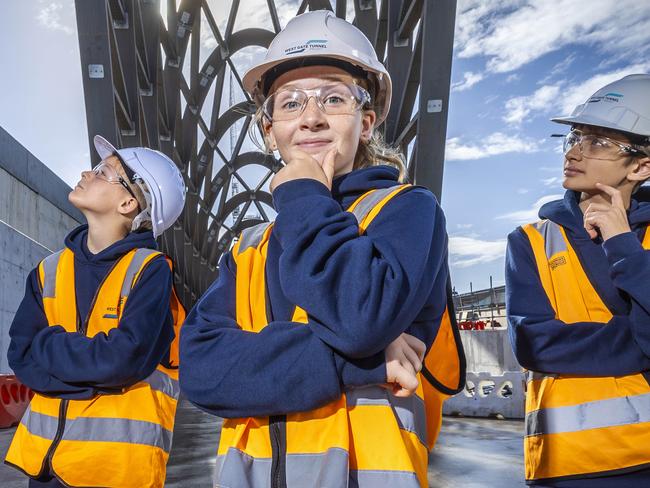 Footscray City Primary school students Isobel Bury (11), June Lee (10), Tilly McDowell (11) and Laeto Sandhu (11) think about what the new West Gate tunnel should be named. Picture: Jake Nowakowski