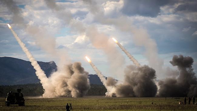 Missiles are fired from US military HIMARS launchers during joint military drills in Northern Australia as part of Exercise Talisman Sabre 2023. Picture: AFP