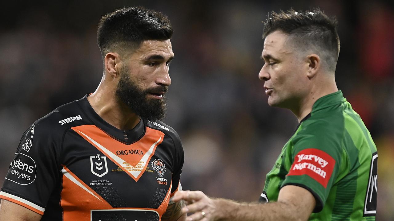 Referee Chris Butler was in the hot seat in the Tigers-Cowboys match. Picture: Ian Hitchcock/Getty Images