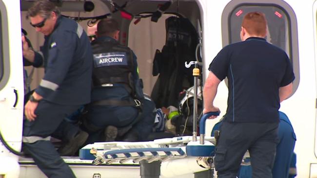 A 65-year-old woman and an eight-year-old boy injured in a bus crash outside Harden, NSW, were airlifted to Canberra Hospital. Picture: Channel 10