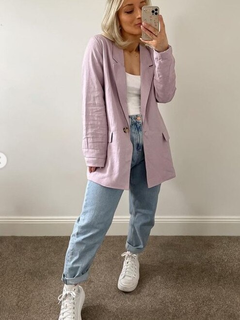 Here she pairs it with jeans and trainers, for a more casual look. Picture: Instagram/becmaree_d