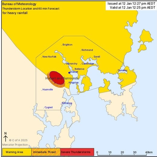 Bureau of Meteorology's Thunderstorm warning for southern Tasmania. Picture: TasALERT