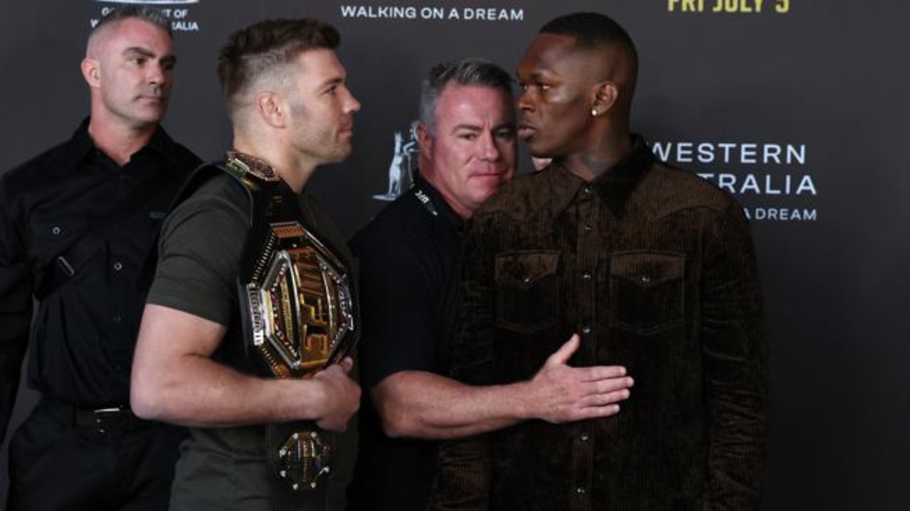 PERTH, AUSTRALIA - JULY 03: Dricus du Plessis - UFC middleweight champion and Israel Adesanya - No.2 UFC middleweight stare off during the UFC 305 On Sale Press Conference on July 03, 2024 in Perth, Australia. (Photo by Will Russell/Zuffa LLC)