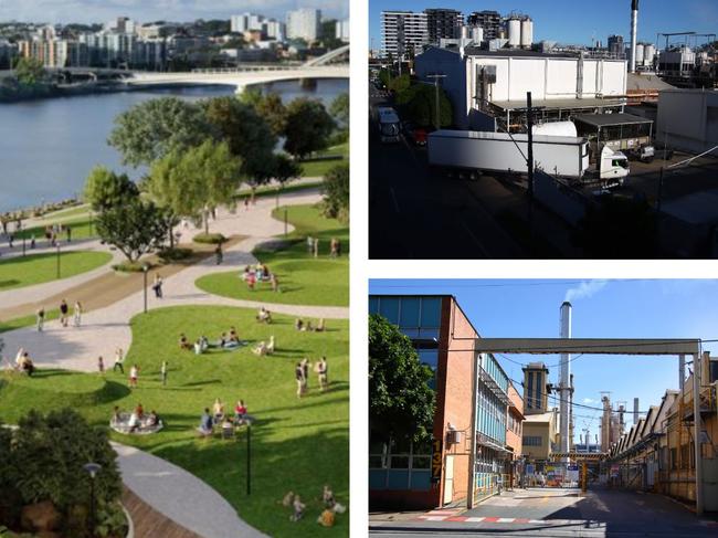 (Clockwise from left) Artist's impression of public parkland at the concrete factory site; the old Hanson concrete plant; the Visy Glass factory.