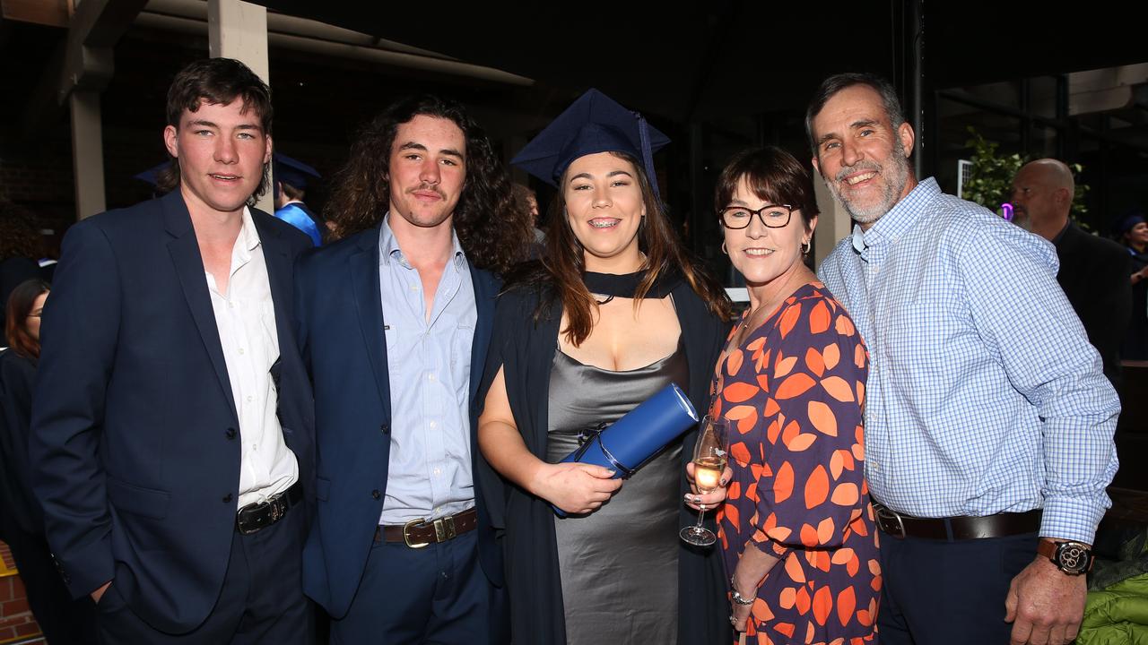 Zane, Kate, Rhana, Janette and Marty McCallum at Deakin University post-graduation celebrations on Friday afternoon. Picture: Alan Barber