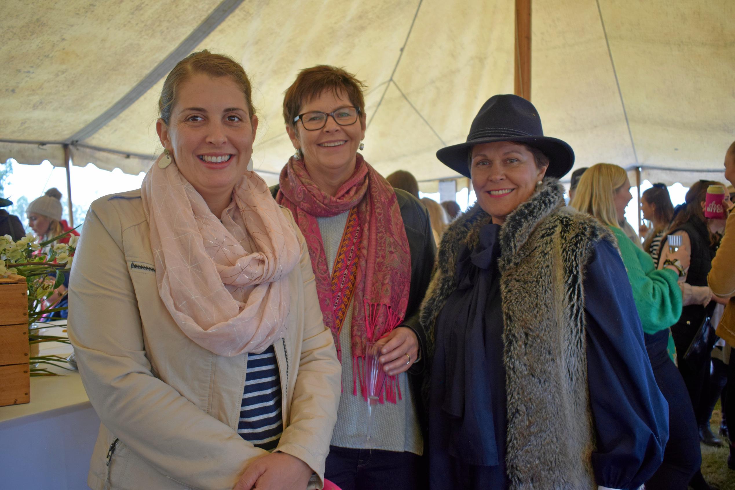 Elise Hoskin, Cindy Grimes, Ruth Wagner at the Condamine Cods Annual Ladies Day, June 8. Picture: Brooke Duncan