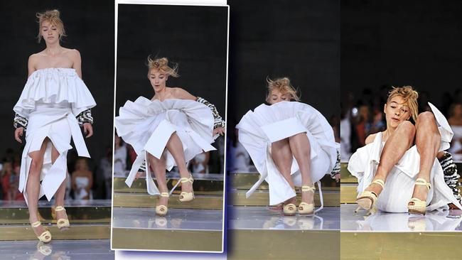 The model takes a tumble during the Toni Maticevski show that opened Fashion Week at Barangaroo. Picture: Dylan Robinson.