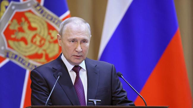 Russian President Vladimir Putin gives a speech during a meeting of the Federal Security Service (FSB) Board in Moscow on February 28, 2023. (Photo by Gavriil GRIGOROV / SPUTNIK / AFP)