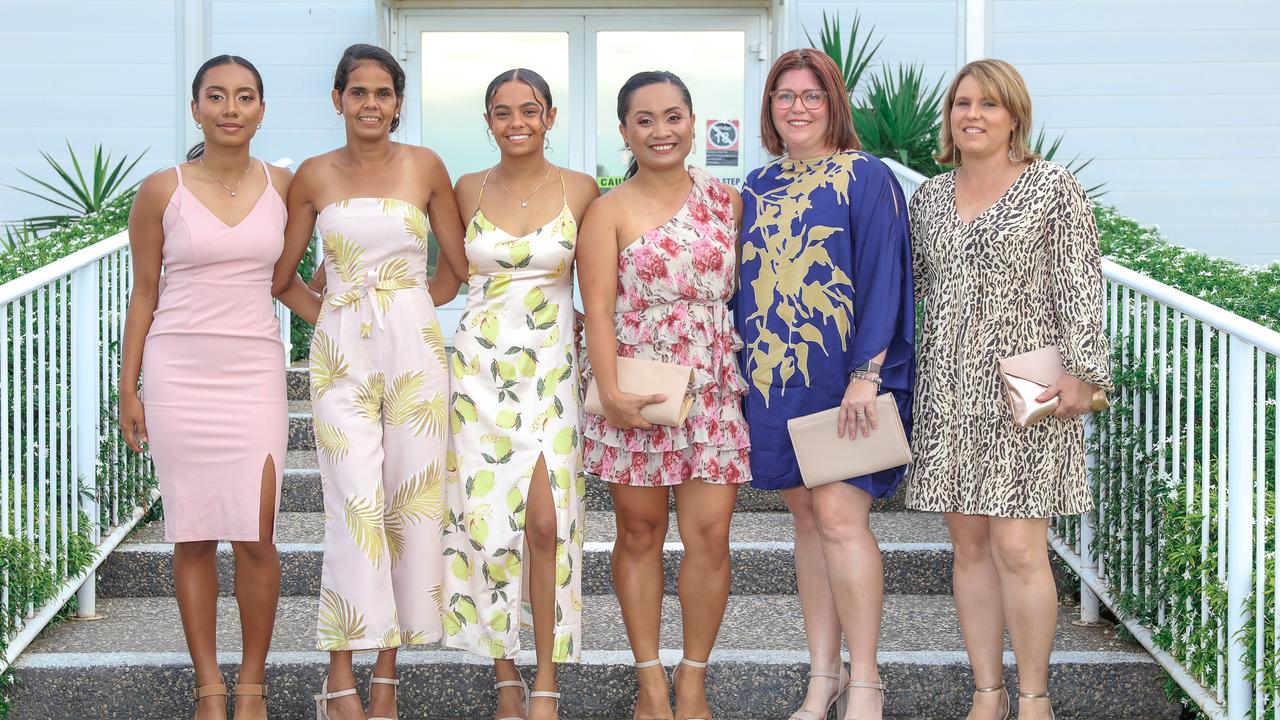 Iesha Ronberg, Hayley Davey, Tabbie May, Cherri Kent, Hayley Tornsey and Gemma Rust as the NTFL's night of nights . Picture Glenn Campbell