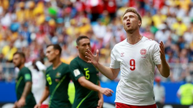 Denmark’s Nicolai Jorgensen reacts after missing a shot on goal. Picture: Toby Zerna