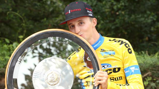 Jai Hindley gets his hands on the Herald Sun Tour winner’s trophy. Picture: Michael Klein