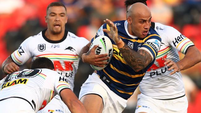 Parramatta’s Blake Ferguson looks to barge through the Penrith defence on Saturday night. Picture: Getty Images 